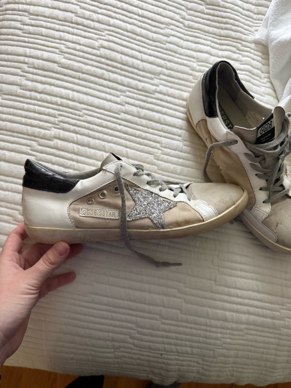 Golden Goose Sneakers in White, Black and Silver Glitter Star